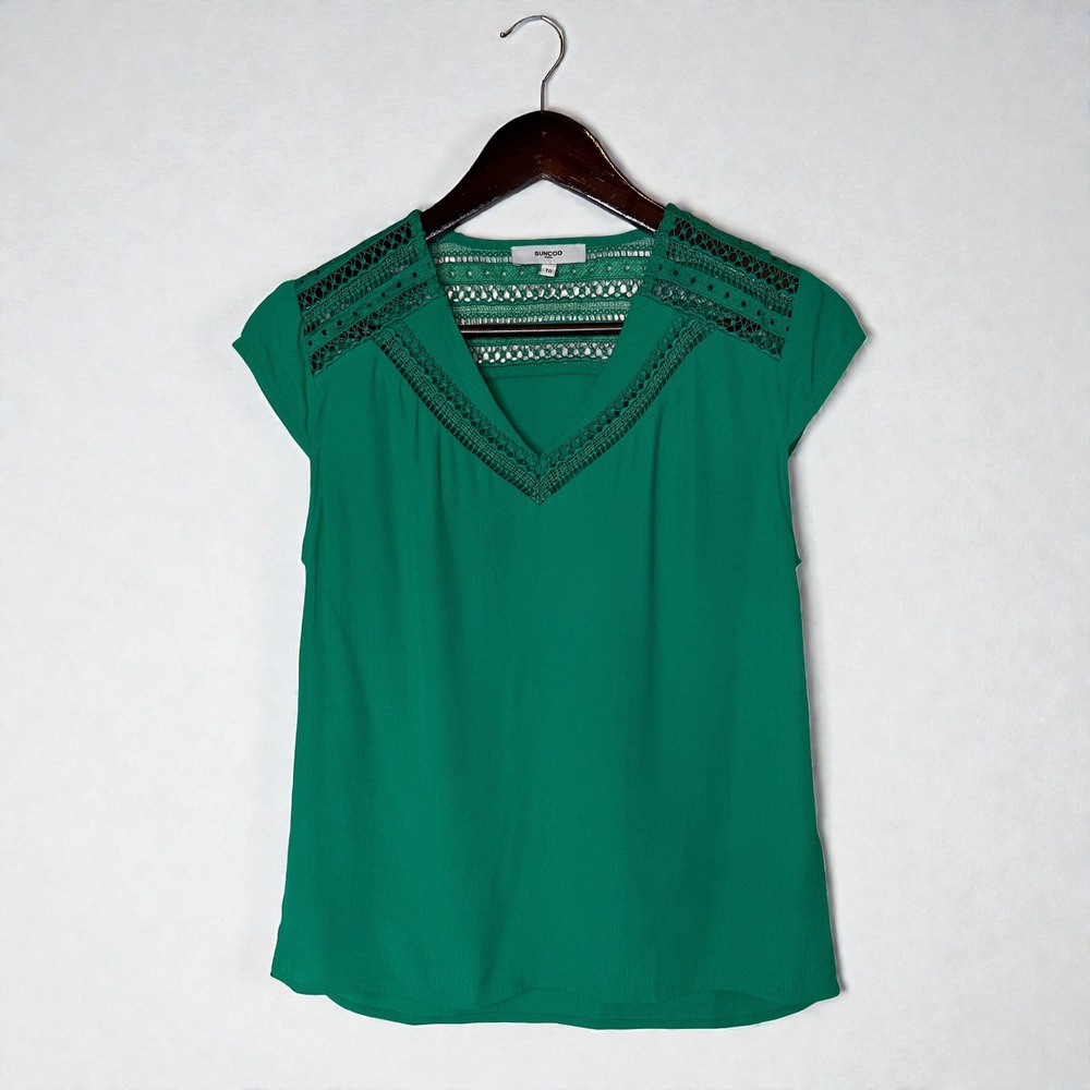 Suncoo Paris Blouse Lace Detail Cap Sleeve Top Green size T0 / XS